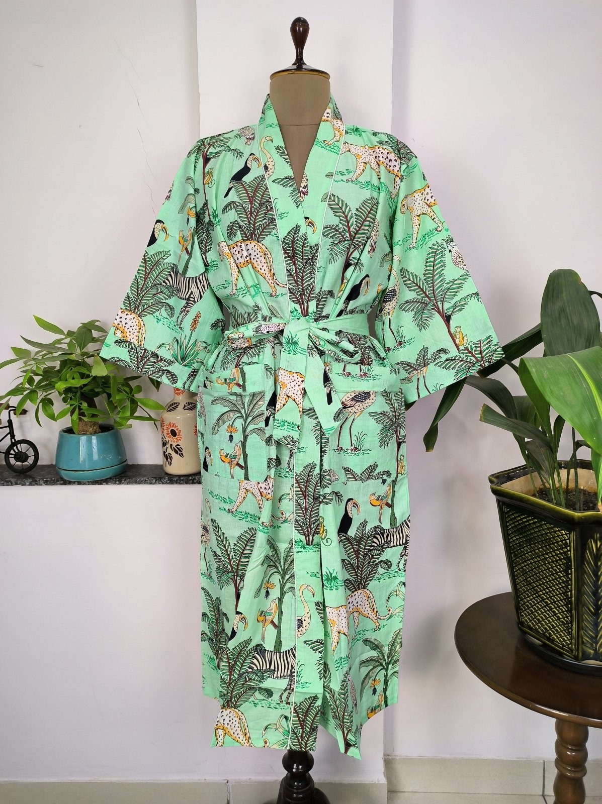 Pure Cotton Kimono Indian Handprinted Boho House Robe Summer Dress | Pistachio Mint Green Cheetah Animal Luxury Beach Holiday Yacht Cover Up