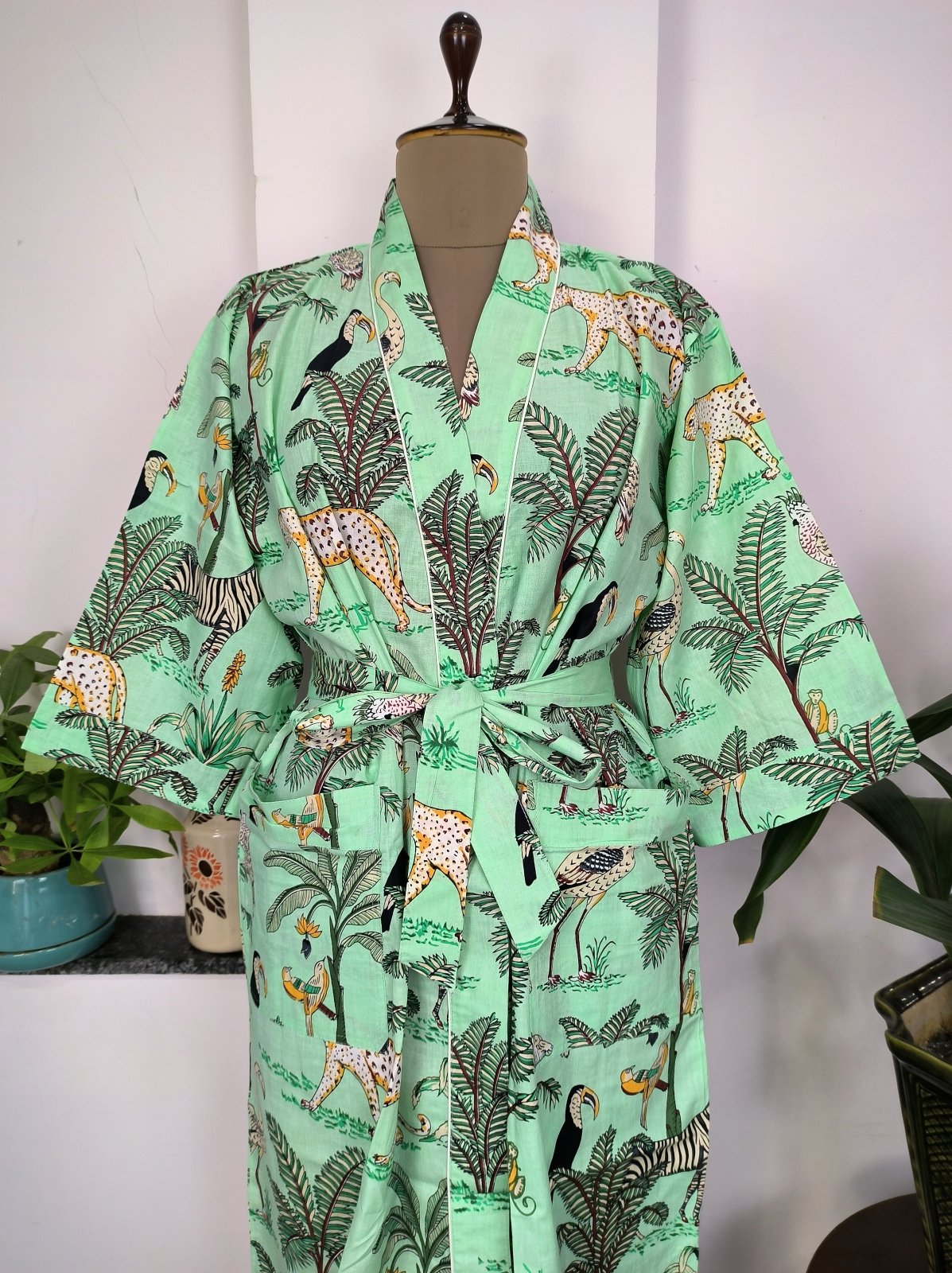 Pure Cotton Kimono Indian Handprinted Boho House Robe Summer Dress | Pistachio Mint Green Cheetah Animal Luxury Beach Holiday Yacht Cover Up