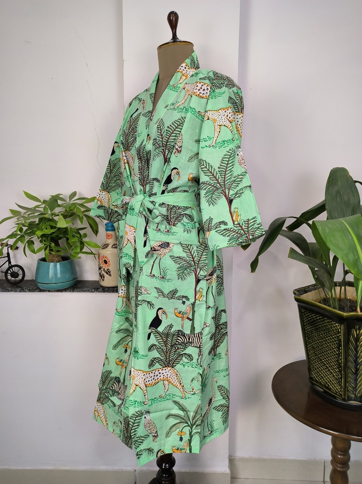 Pure Cotton Kimono Indian Handprinted Boho House Robe Summer Dress | Pistachio Mint Green Cheetah Animal Luxury Beach Holiday Yacht Cover Up