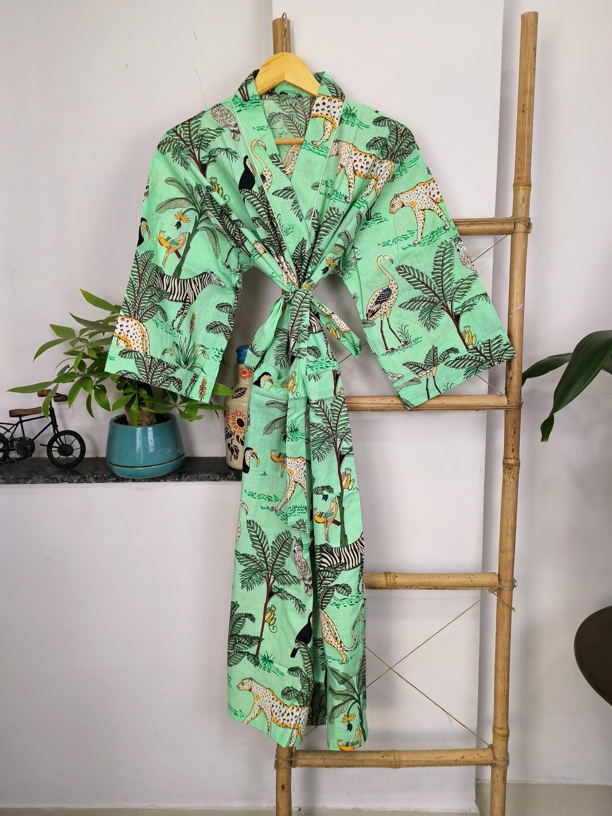 Pure Cotton Kimono Indian Handprinted Boho House Robe Summer Dress | Pistachio Mint Green Cheetah Animal Luxury Beach Holiday Yacht Cover Up