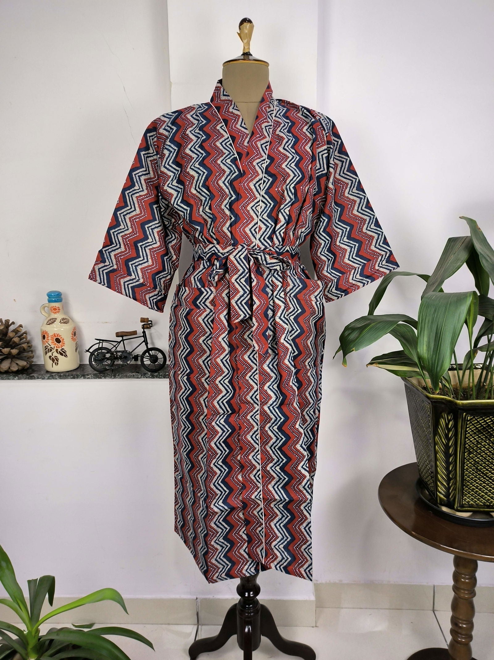 Pure Cotton Kimono Indian Handprinted Boho House Robe Summer Dress | Red Blue Geometric Print | Beach Cover Up Wear | Christmas Present