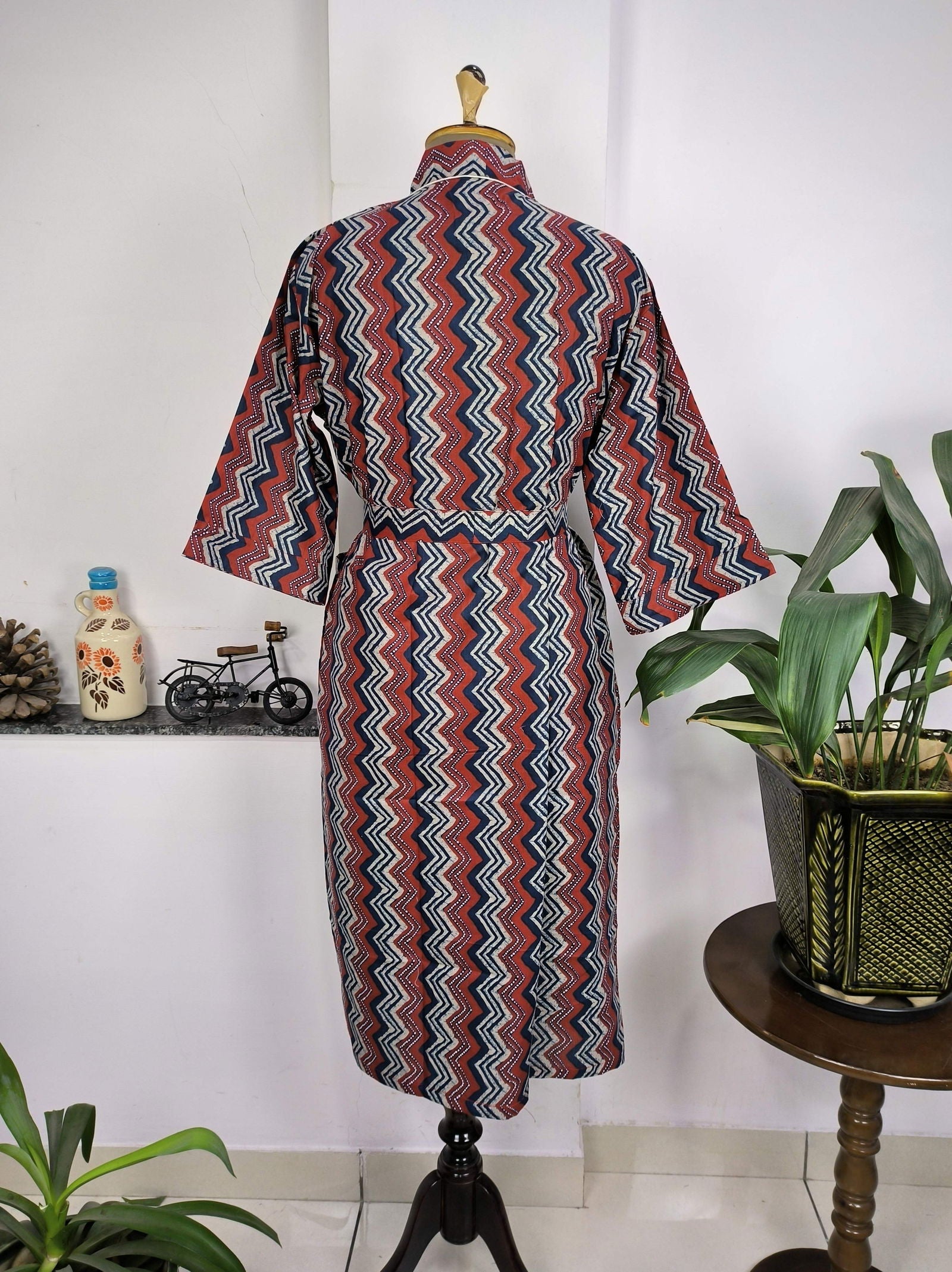 Pure Cotton Kimono Indian Handprinted Boho House Robe Summer Dress | Red Blue Geometric Print | Beach Cover Up Wear | Christmas Present