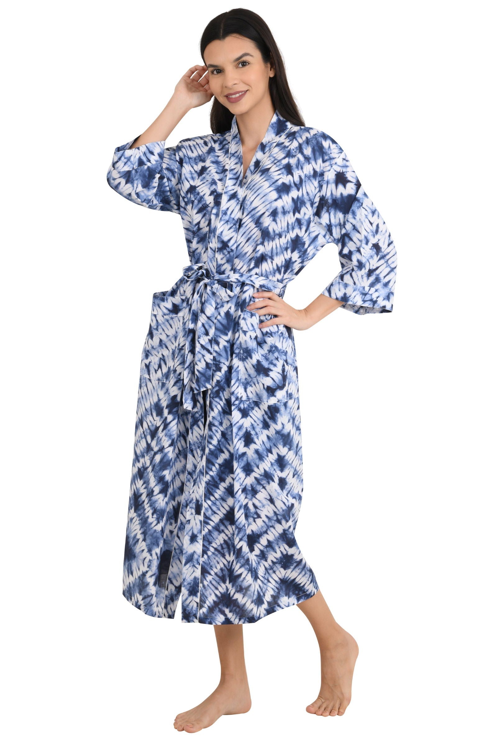Pure Cotton Kimono Indian Handprinted Boho House Robe Summer Dress | White Blue Tie Dye Print | Beach Cover Up Wear | Christmas Present