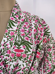 Pure Cotton Kimono Indian Handprinted Boho House Robe Summer Dress | White Pink Garden Floral Beach Luxurious Cover Up, Maternity Mom Bridal
