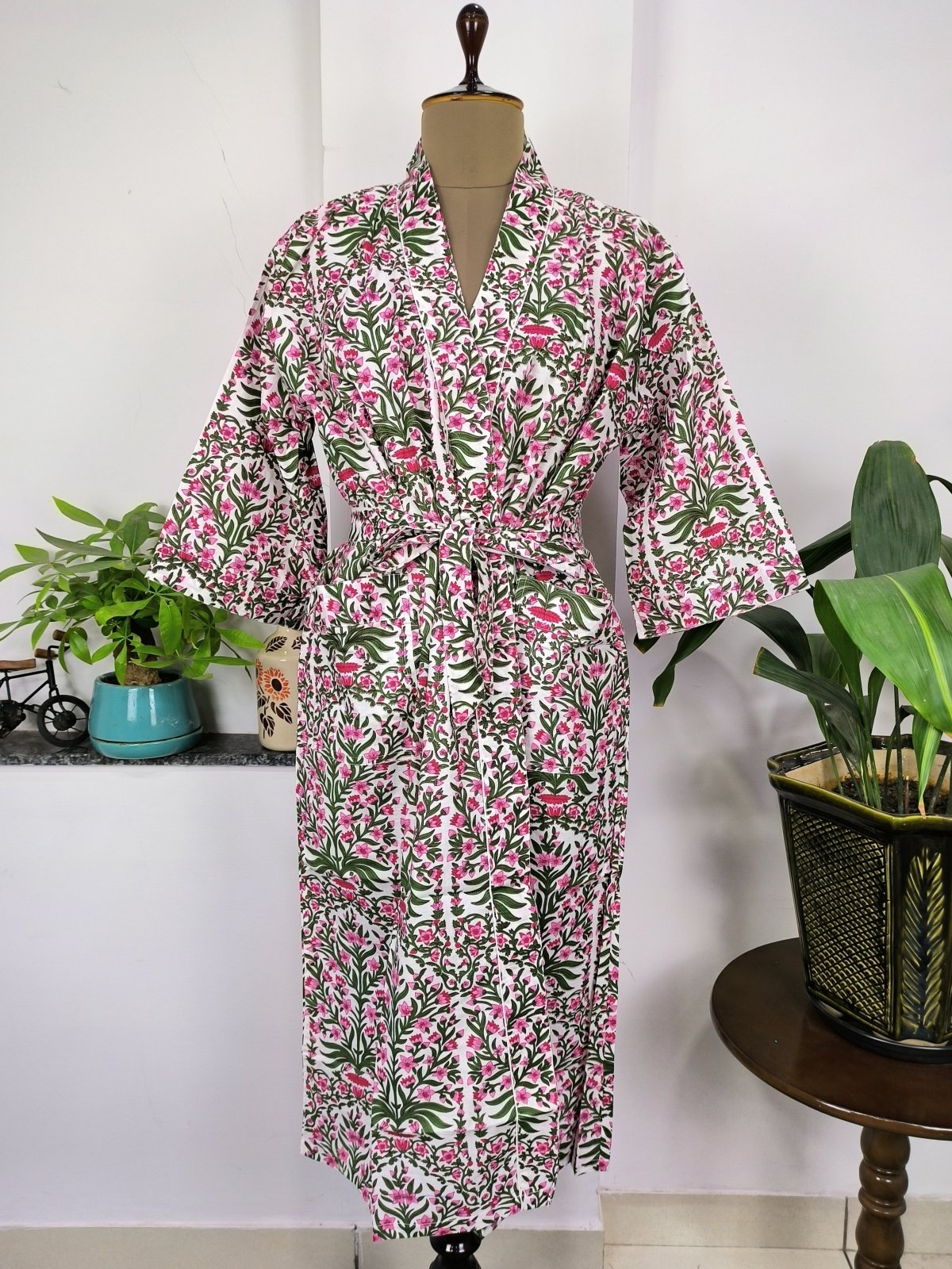 Pure Cotton Kimono Indian Handprinted Boho House Robe Summer Dress | White Pink Garden Floral Beach Luxurious Cover Up, Maternity Mom Bridal