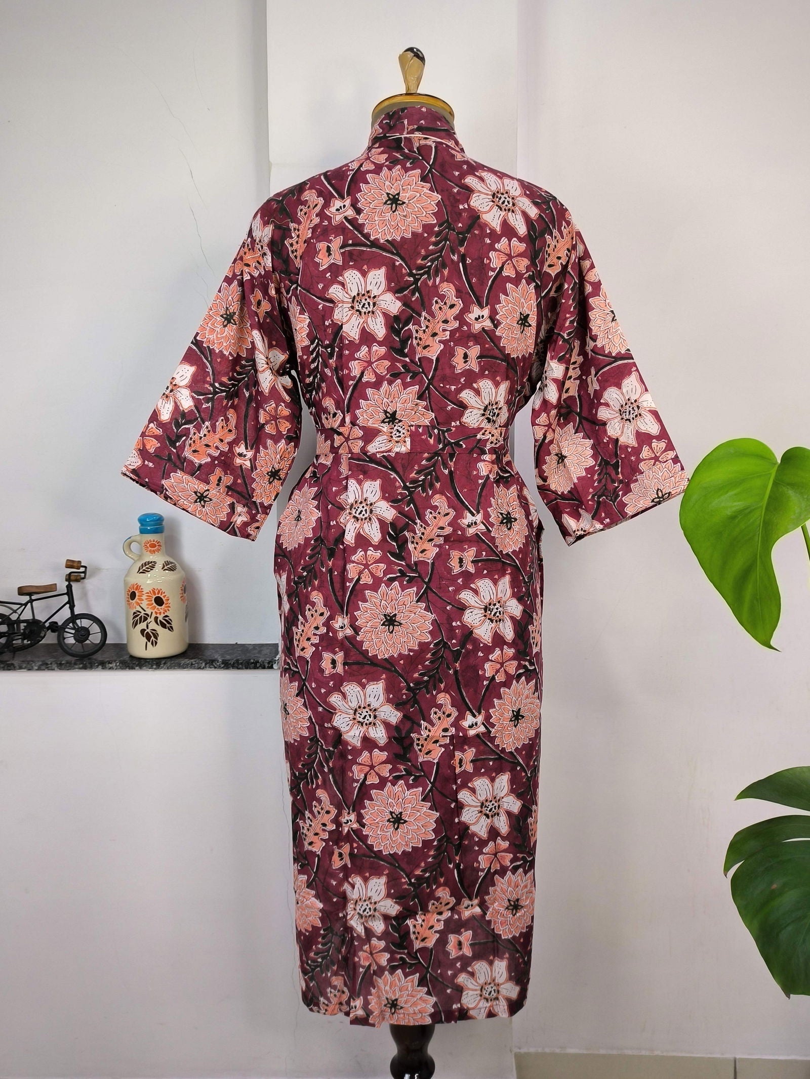 Pure Cotton Kimono Indian Handprinted Boho House Robe Summer Dress | Wine White Floral Print | Beach Cover Up Wear | Christmas Present