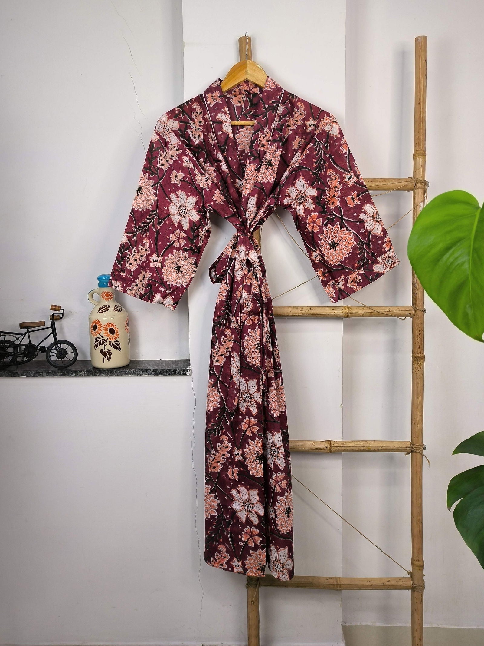 Pure Cotton Kimono Indian Handprinted Boho House Robe Summer Dress | Wine White Floral Print | Beach Cover Up Wear | Christmas Present