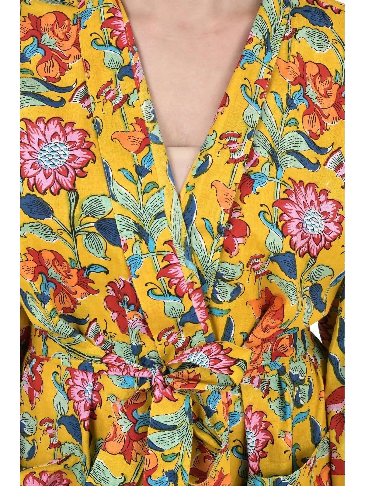 Pure Cotton Kimono Indian Handprinted Boho House Robe Summer Dress | Yellow Mustard Pink Floral Blossom Luxury Beach Holiday Yacht Cover Up