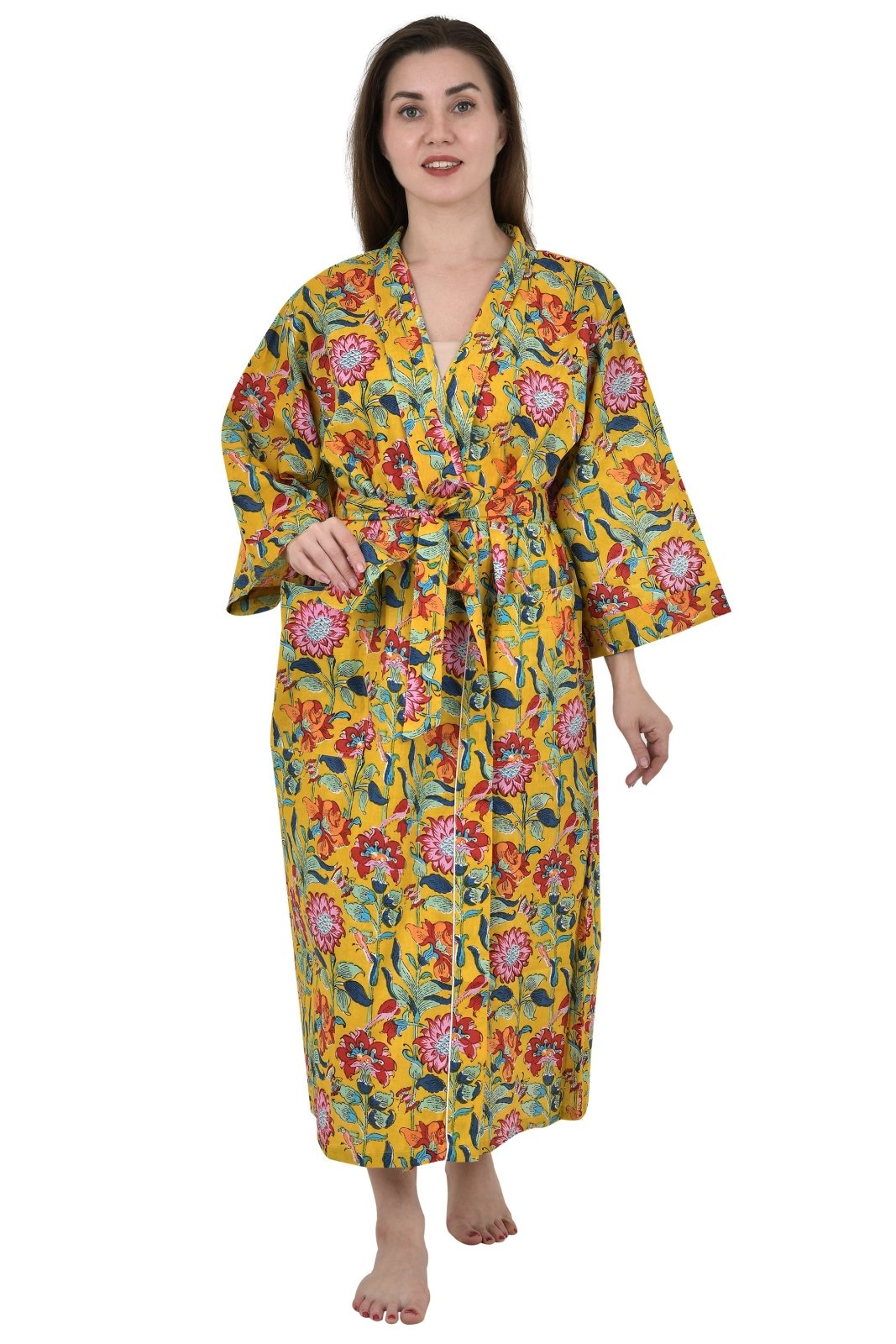 Pure Cotton Kimono Indian Handprinted Boho House Robe Summer Dress | Yellow Mustard Pink Floral Blossom Luxury Beach Holiday Yacht Cover Up