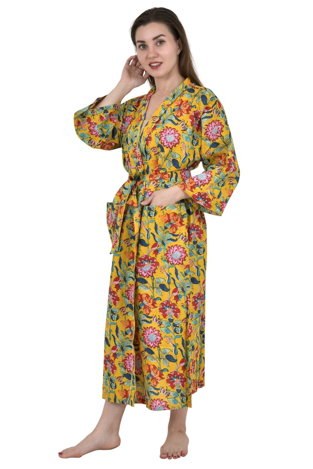 Pure Cotton Kimono Indian Handprinted Boho House Robe Summer Dress | Yellow Mustard Pink Floral Blossom Luxury Beach Holiday Yacht Cover Up