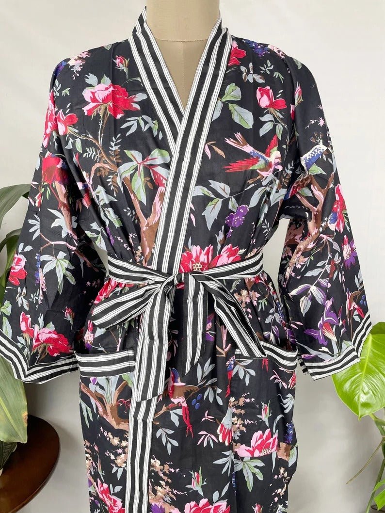 Pure Cotton Kimono Indian Handprinted Boho House Robe Summer Dress, Black Bird Stripes Beach Coverup Maternity Mom Bridal