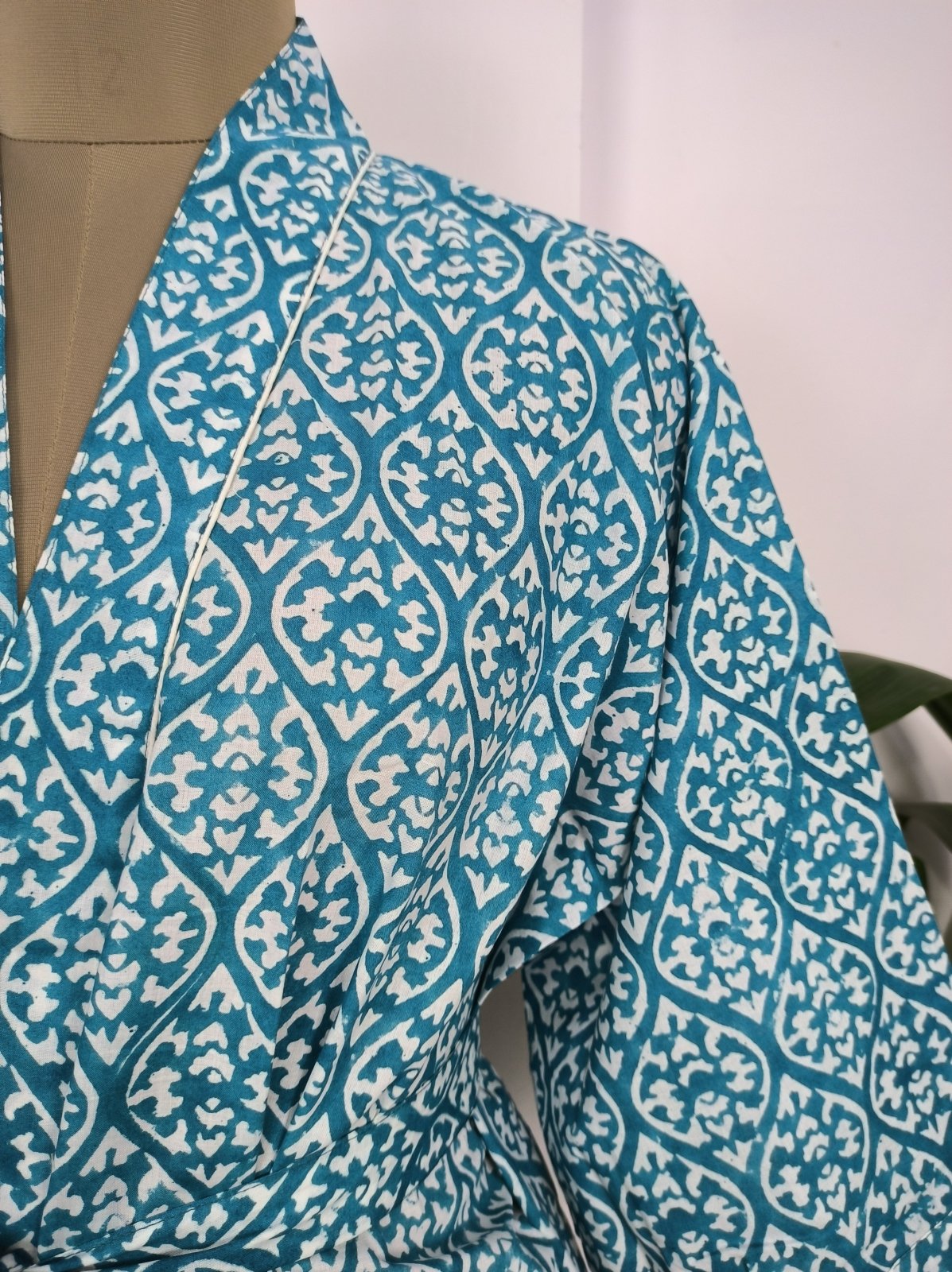 Pure Cotton Kimono Indian Handprinted Boho House Robe Summer Dress, Blue White Beach Coverup Maternity Mom Bridal