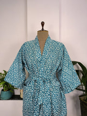 Pure Cotton Kimono Indian Handprinted Boho House Robe Summer Dress, Blue White Beach Coverup Maternity Mom Bridal