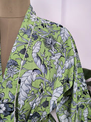 Pure Cotton Kimono Indian Handprinted Boho House Robe Summer Dress, Green Pista Leaf Beach Coverup Maternity Mom Bridal
