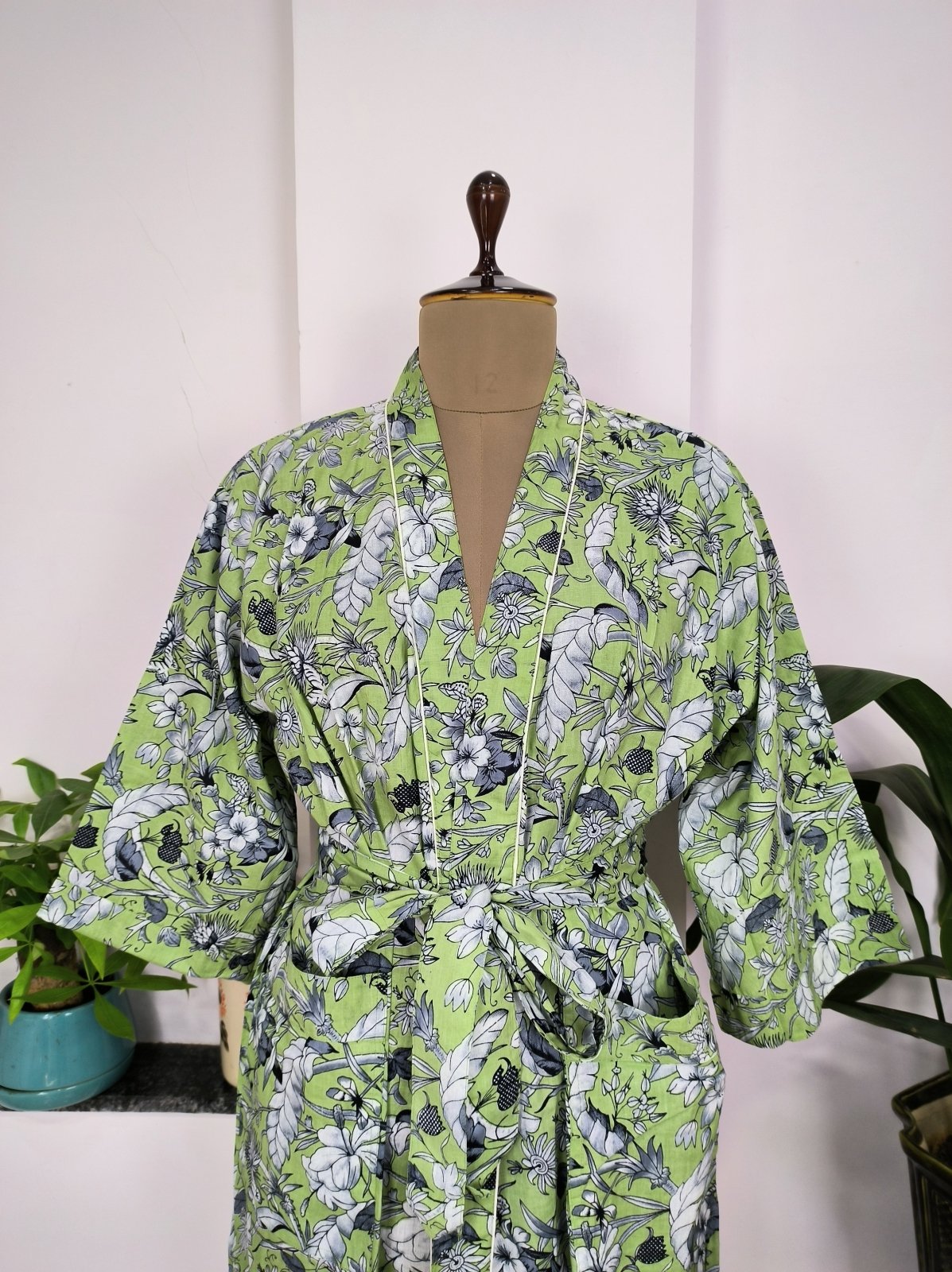 Pure Cotton Kimono Indian Handprinted Boho House Robe Summer Dress, Green Pista Leaf Beach Coverup Maternity Mom Bridal