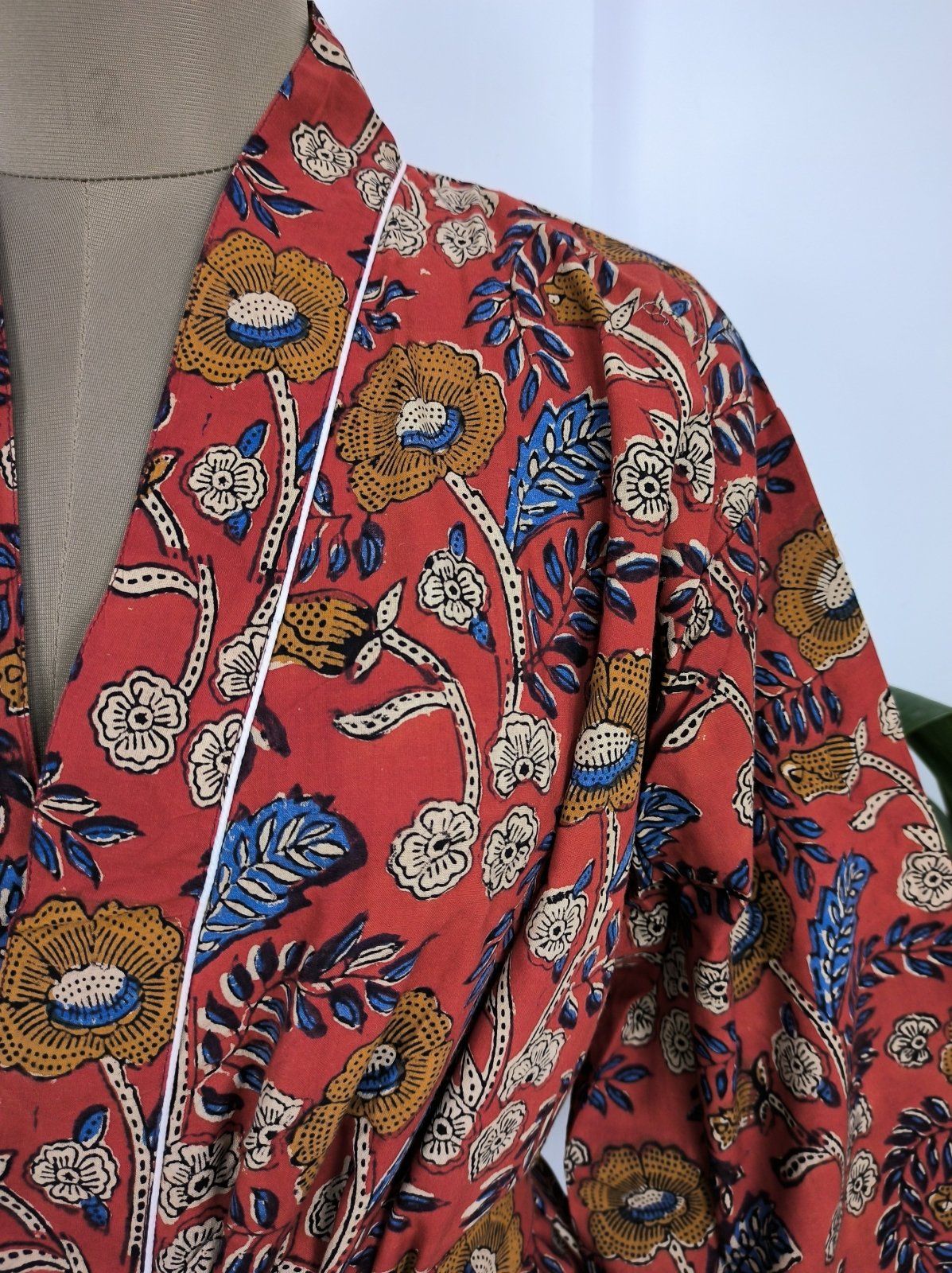 Pure Cotton Kimono Indian Handprinted Boho House Robe Summer Dress, Maroon Yellow Floral Beach Coverup Maternity Mom Bridal