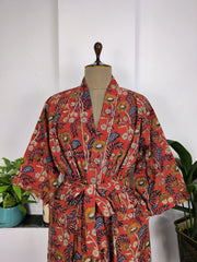 Pure Cotton Kimono Indian Handprinted Boho House Robe Summer Dress, Maroon Yellow Floral Beach Coverup Maternity Mom Bridal