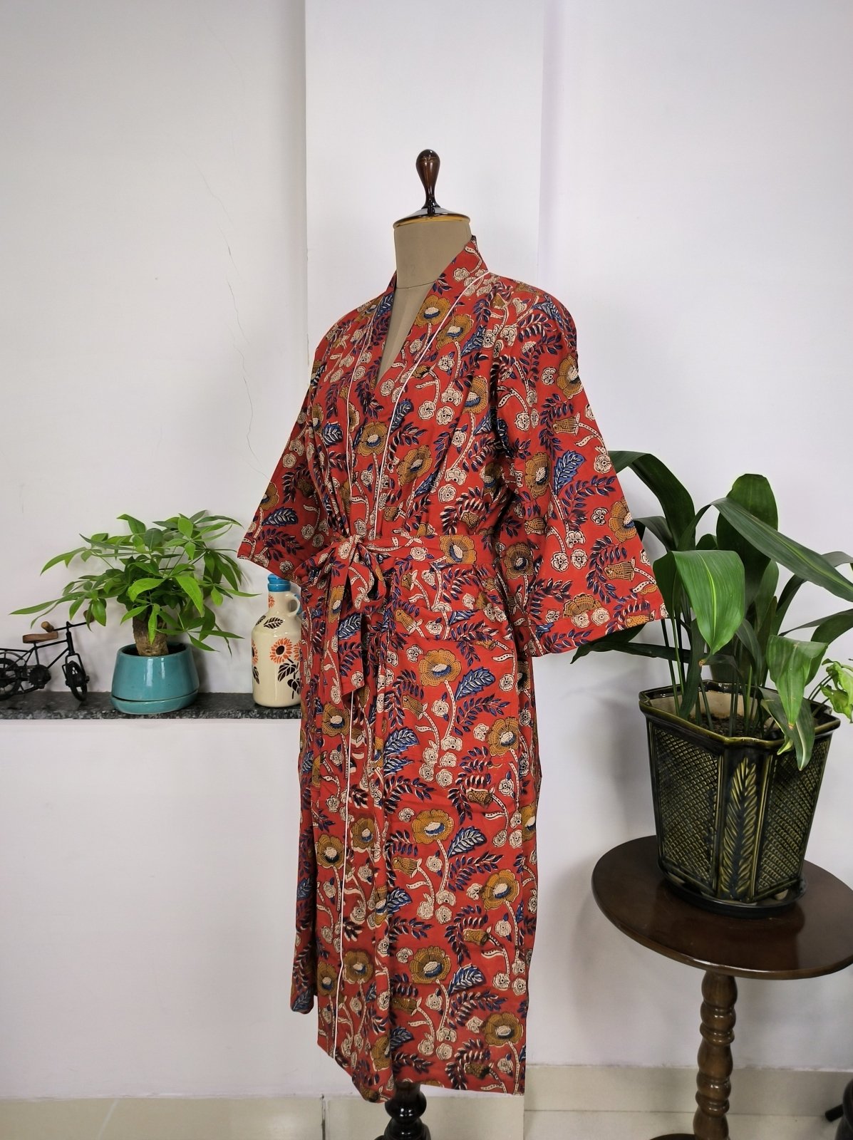 Pure Cotton Kimono Indian Handprinted Boho House Robe Summer Dress, Maroon Yellow Floral Beach Coverup Maternity Mom Bridal