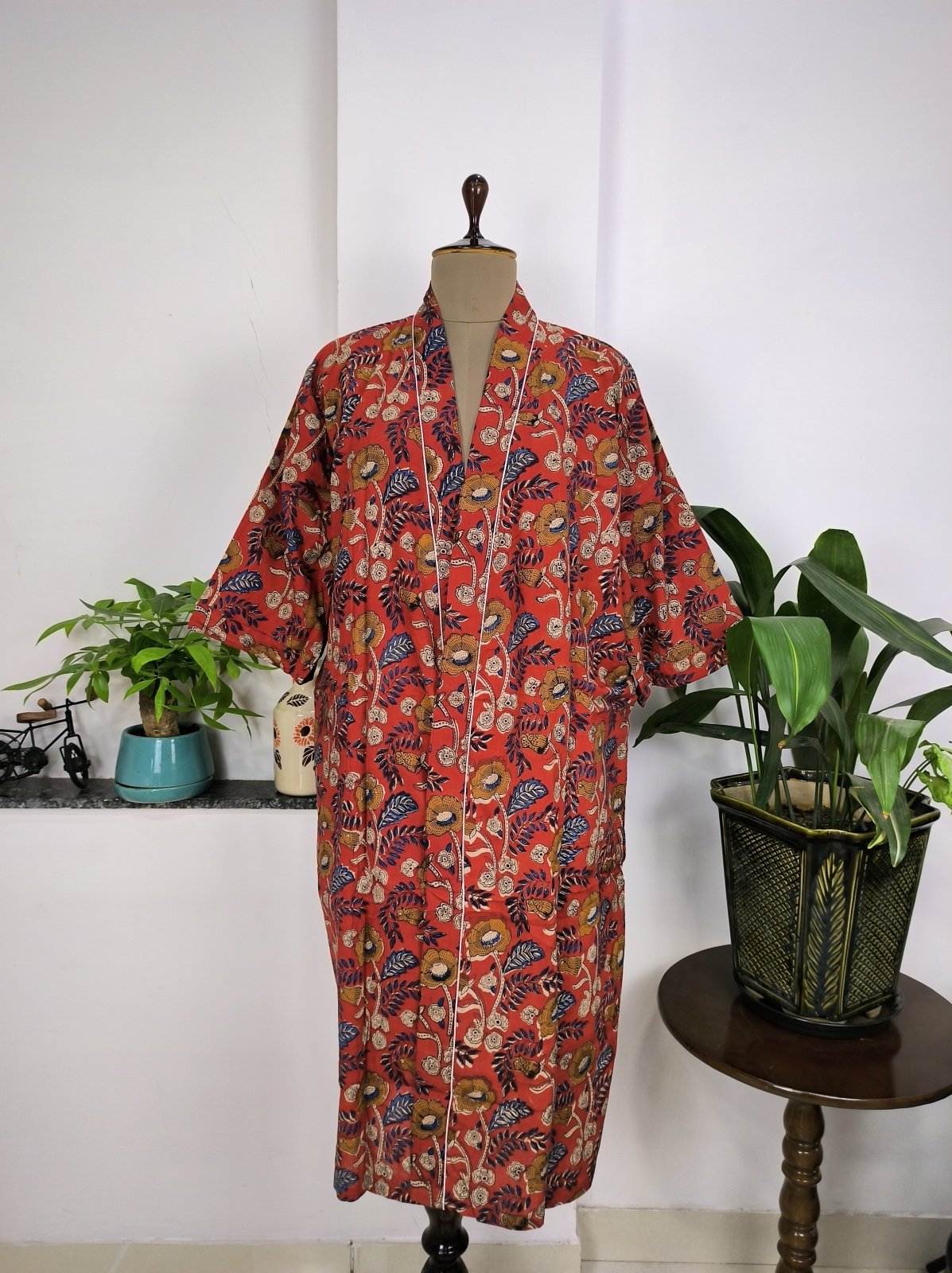 Pure Cotton Kimono Indian Handprinted Boho House Robe Summer Dress, Maroon Yellow Floral Beach Coverup Maternity Mom Bridal