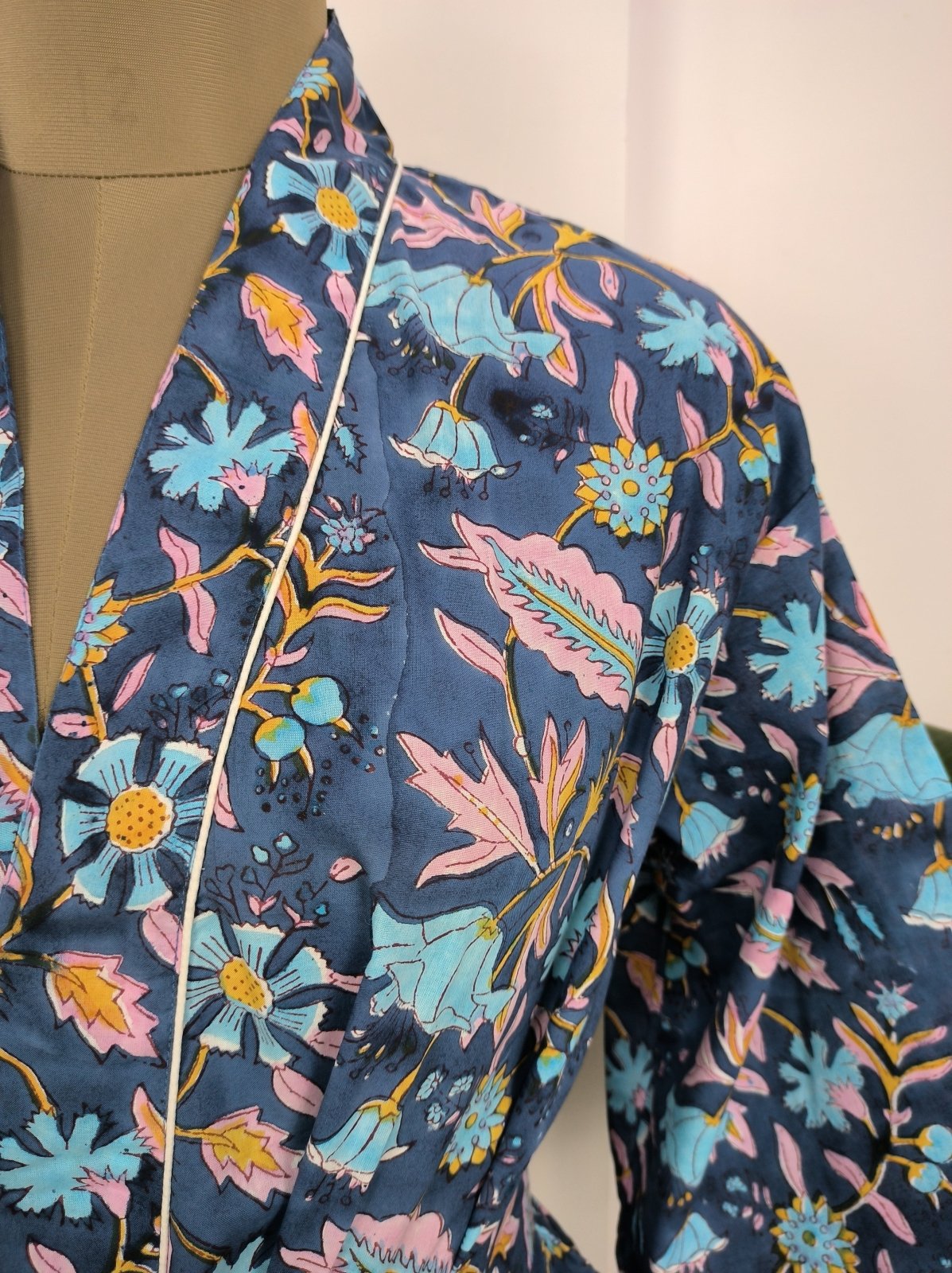 Pure Cotton Kimono Indian Handprinted Boho House Robe Summer Dress, Pink Blue Yellow Leaf Beach Coverup Maternity Mom Bridal