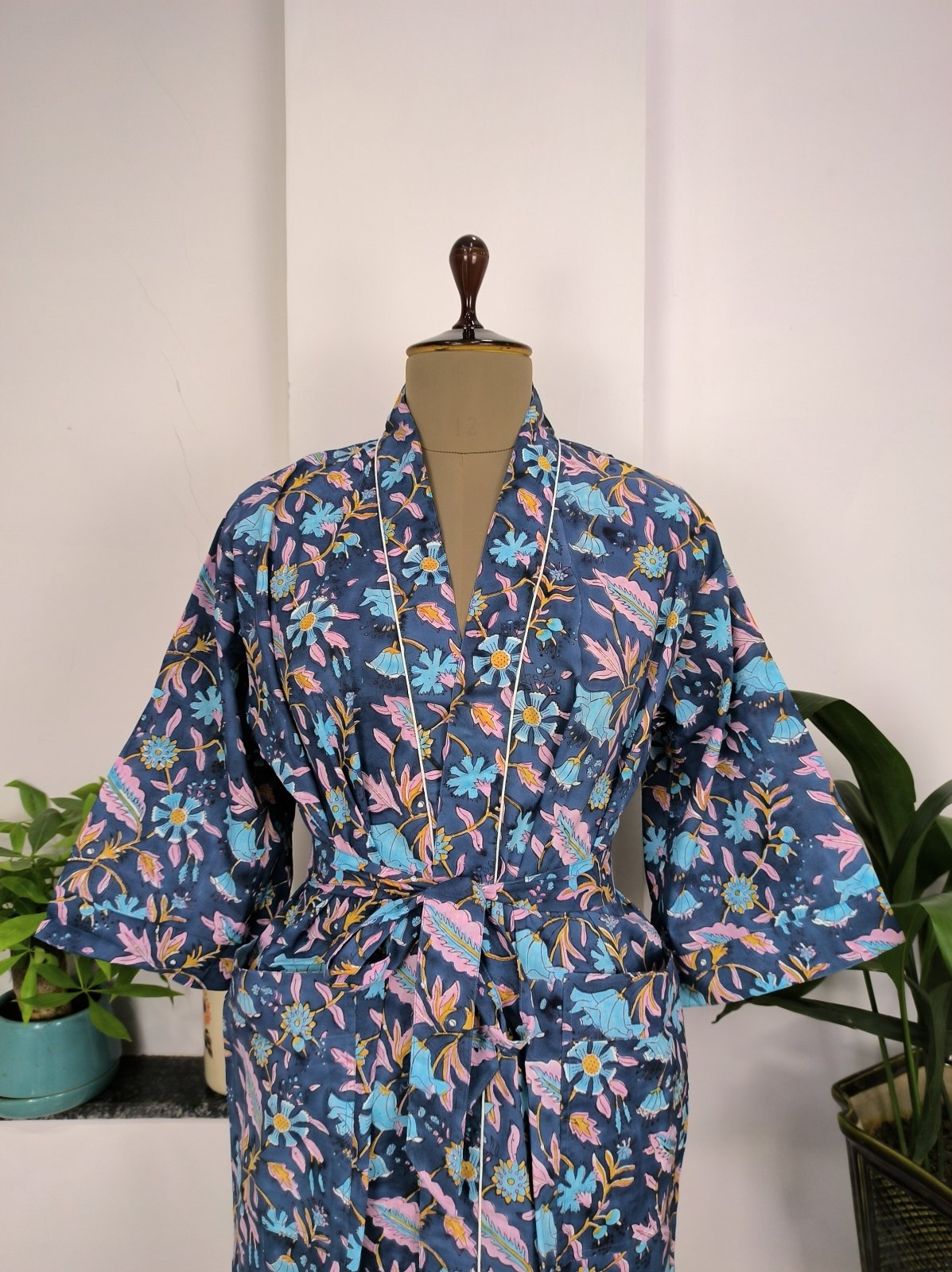 Pure Cotton Kimono Indian Handprinted Boho House Robe Summer Dress, Pink Blue Yellow Leaf Beach Coverup Maternity Mom Bridal