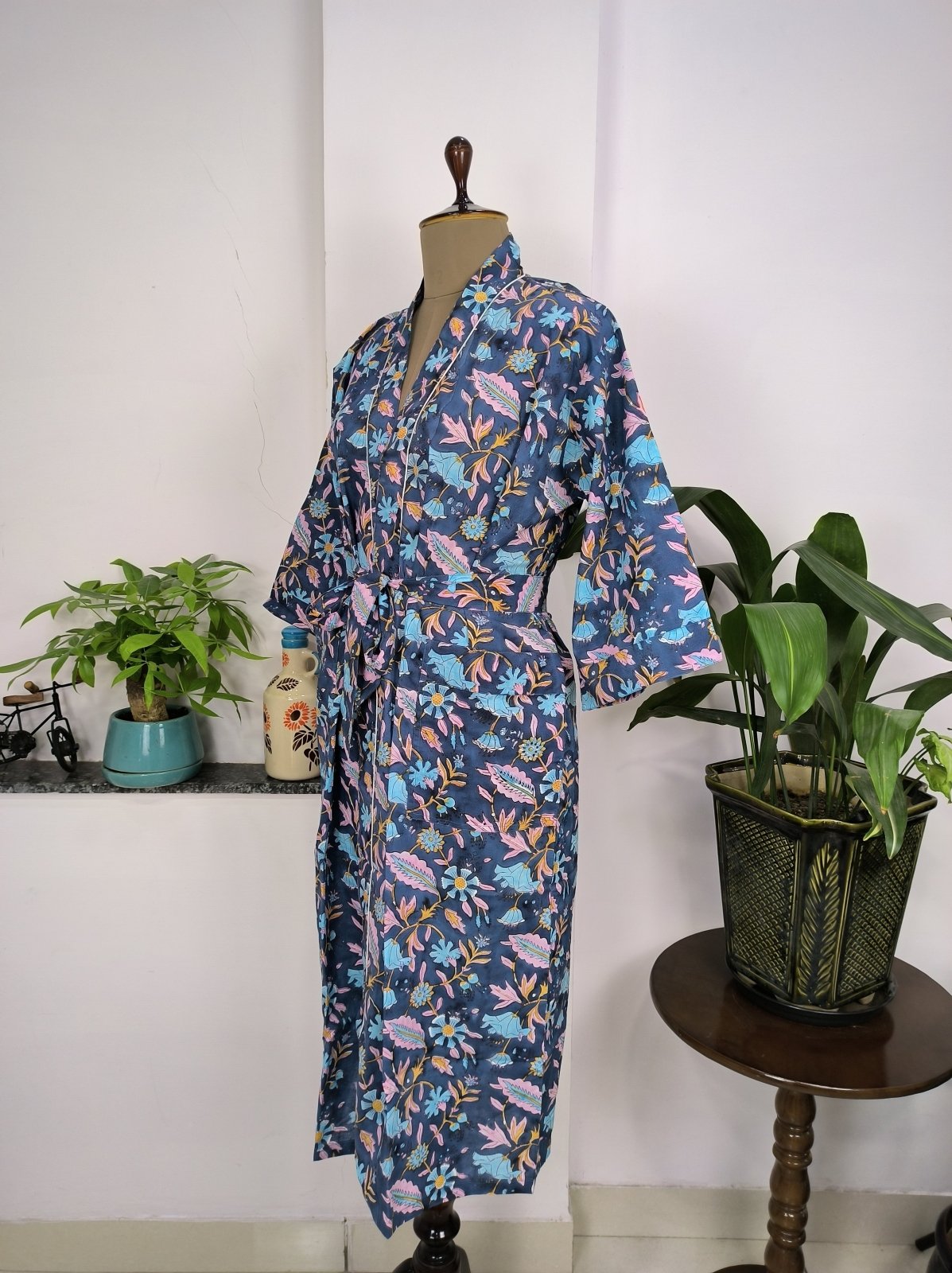 Pure Cotton Kimono Indian Handprinted Boho House Robe Summer Dress, Pink Blue Yellow Leaf Beach Coverup Maternity Mom Bridal