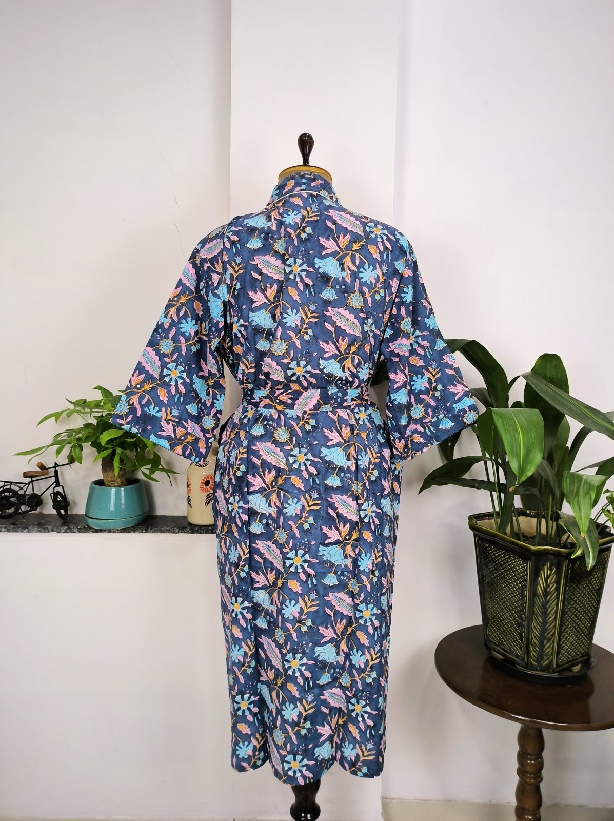 Pure Cotton Kimono Indian Handprinted Boho House Robe Summer Dress, Pink Blue Yellow Leaf Beach Coverup Maternity Mom Bridal