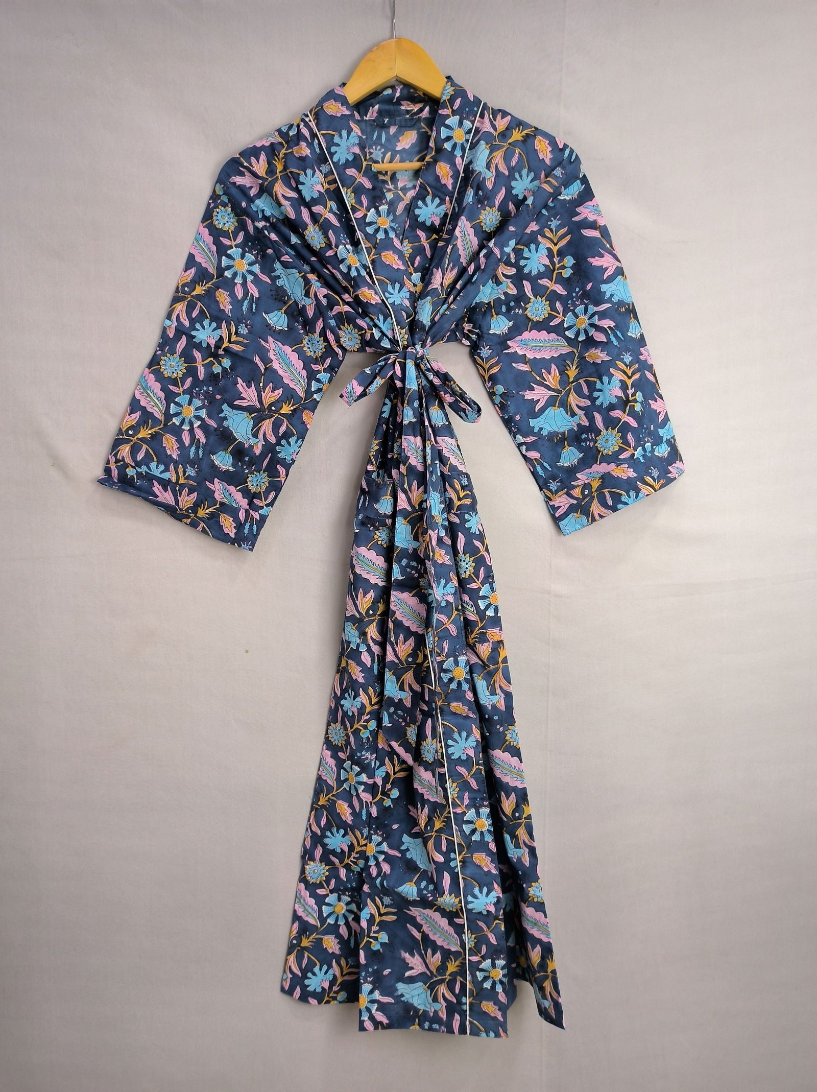 Pure Cotton Kimono Indian Handprinted Boho House Robe Summer Dress, Pink Blue Yellow Leaf Beach Coverup Maternity Mom Bridal