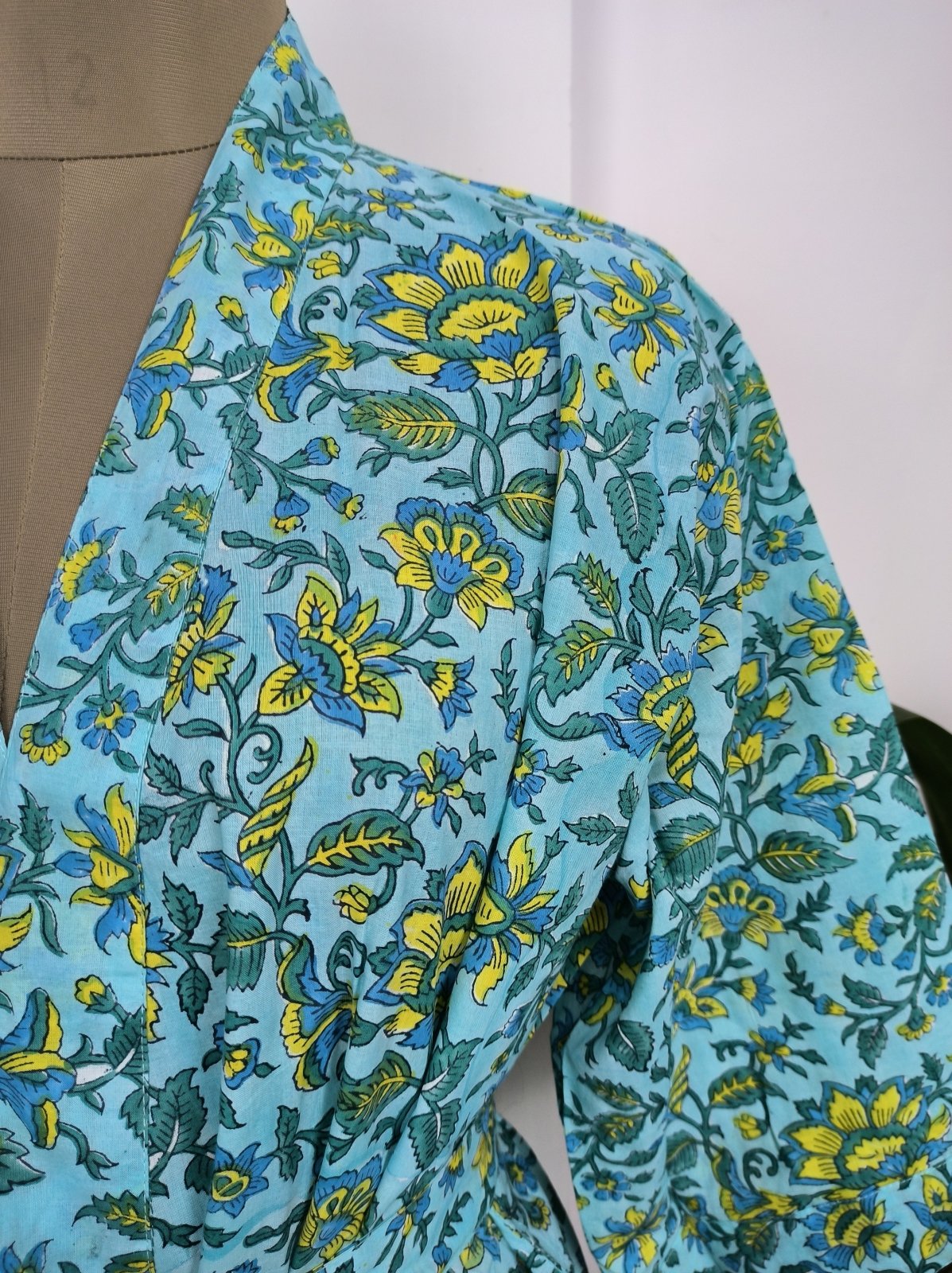 Pure Cotton Kimono Indian Handprinted Boho House Robe Summer Dress, Skyblue Mustard Leaf Beach Coverup Maternity Mom Bridal