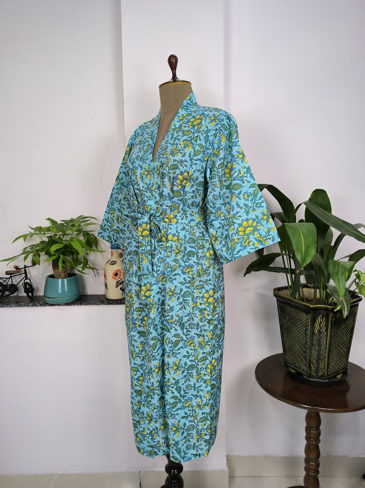 Pure Cotton Kimono Indian Handprinted Boho House Robe Summer Dress, Skyblue Mustard Leaf Beach Coverup Maternity Mom Bridal