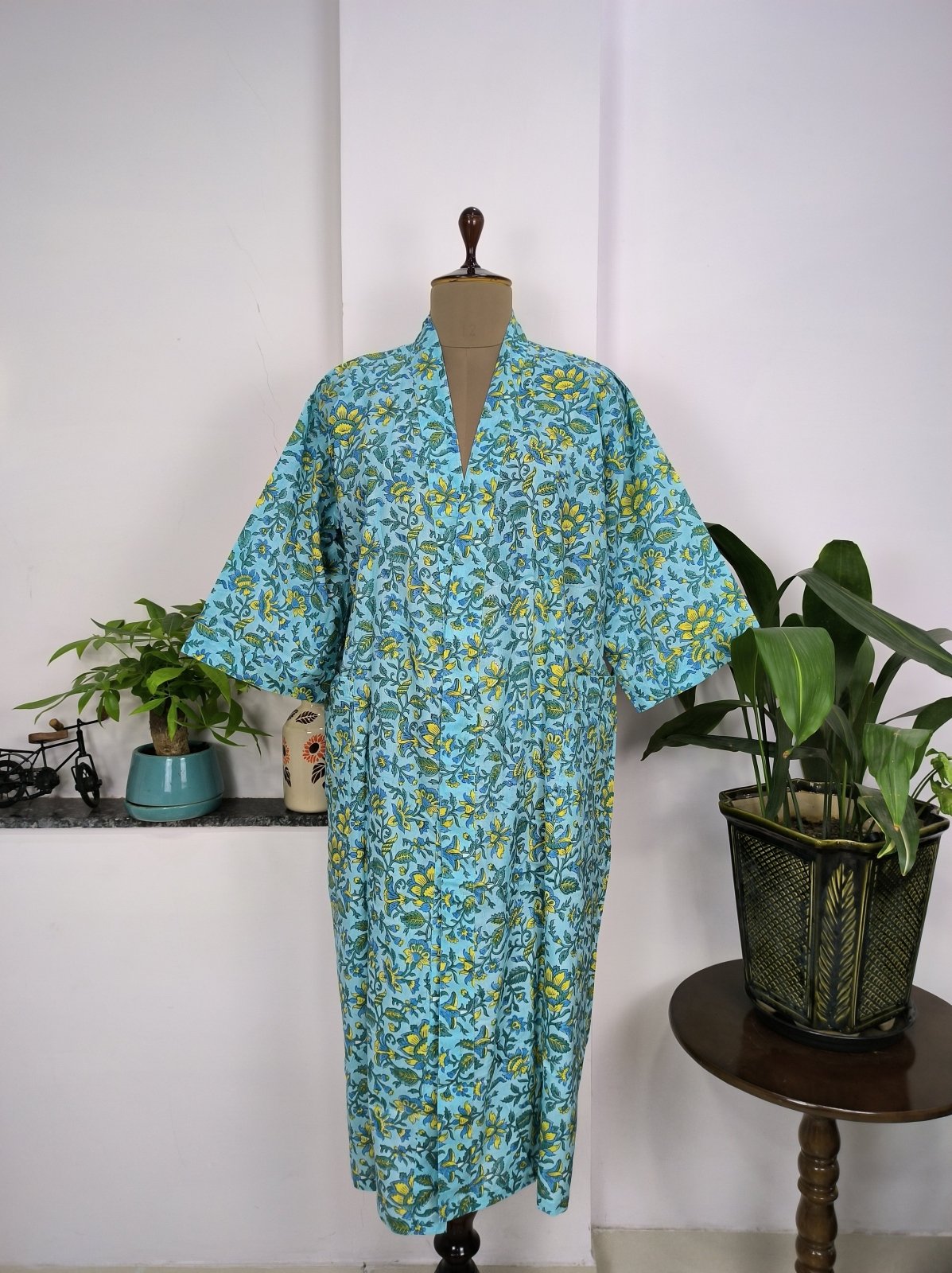 Pure Cotton Kimono Indian Handprinted Boho House Robe Summer Dress, Skyblue Mustard Leaf Beach Coverup Maternity Mom Bridal