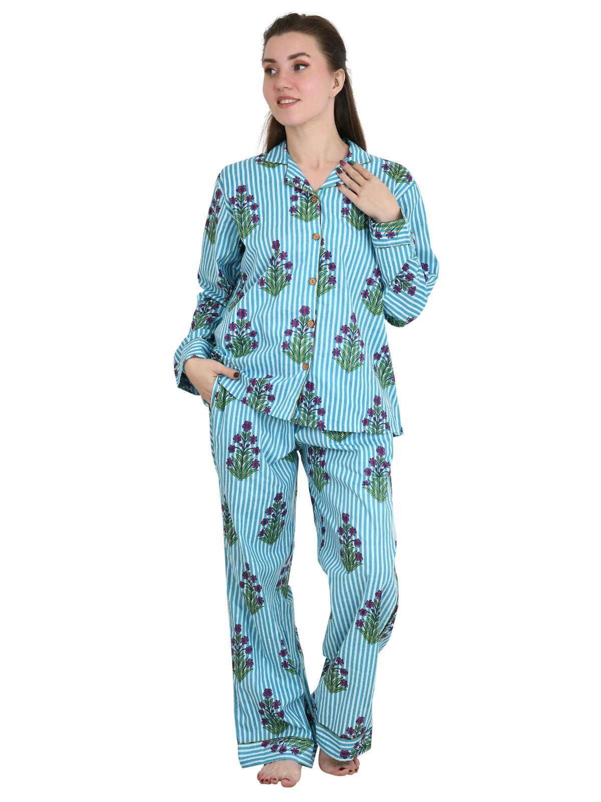 Pure Cotton PJ Set Night Shirt Panama Hand Block Printed Nightwear Spring Lounge Wear | Luxury Summer Lotus Floral Stripes Comfy Sleep Set