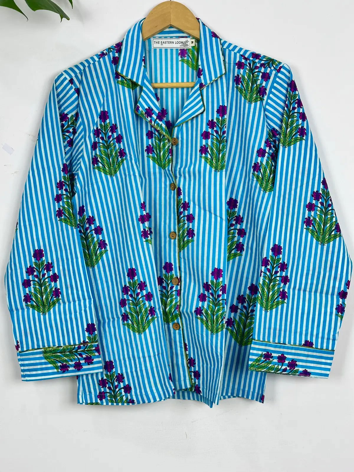 Pure Cotton PJ Set Night Shirt Panama Hand Block Printed Nightwear Spring Lounge Wear | Luxury Summer Lotus Floral Stripes Comfy Sleep Set