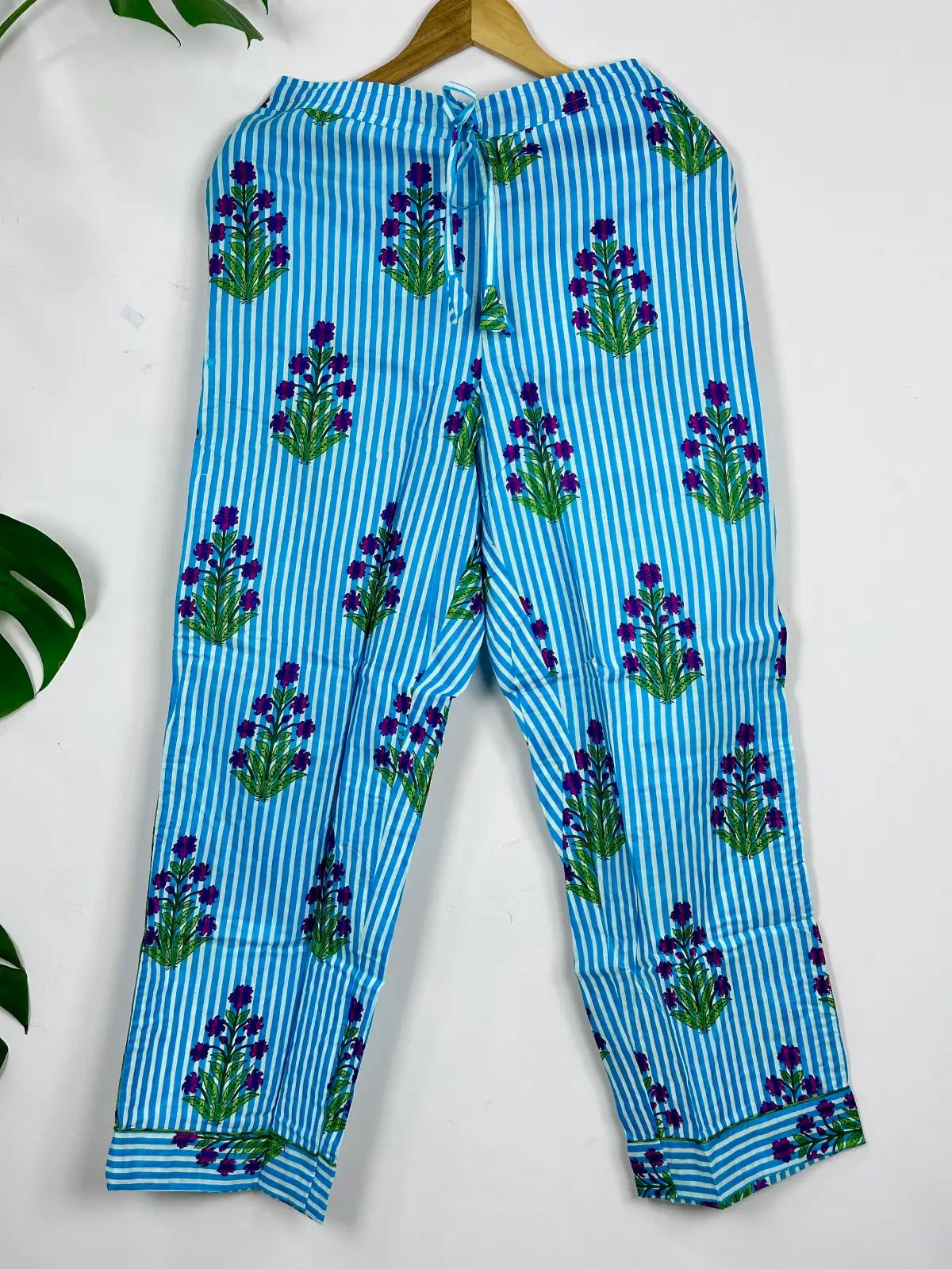 Pure Cotton PJ Set Night Shirt Panama Hand Block Printed Nightwear Spring Lounge Wear | Luxury Summer Lotus Floral Stripes Comfy Sleep Set