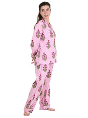 Pure Cotton PJ Set Night Shirt Panama Hand Block Printed Nightwear Spring Lounge Wear | Luxury Summer Lotus Floral Stripes Comfy Sleep Set