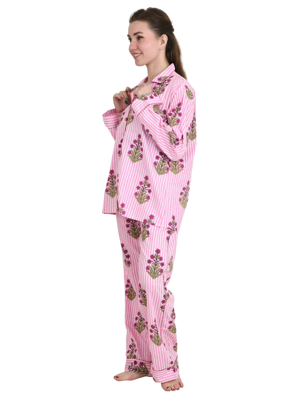 Pure Cotton PJ Set Night Shirt Panama Hand Block Printed Nightwear Spring Lounge Wear | Luxury Summer Lotus Floral Stripes Comfy Sleep Set