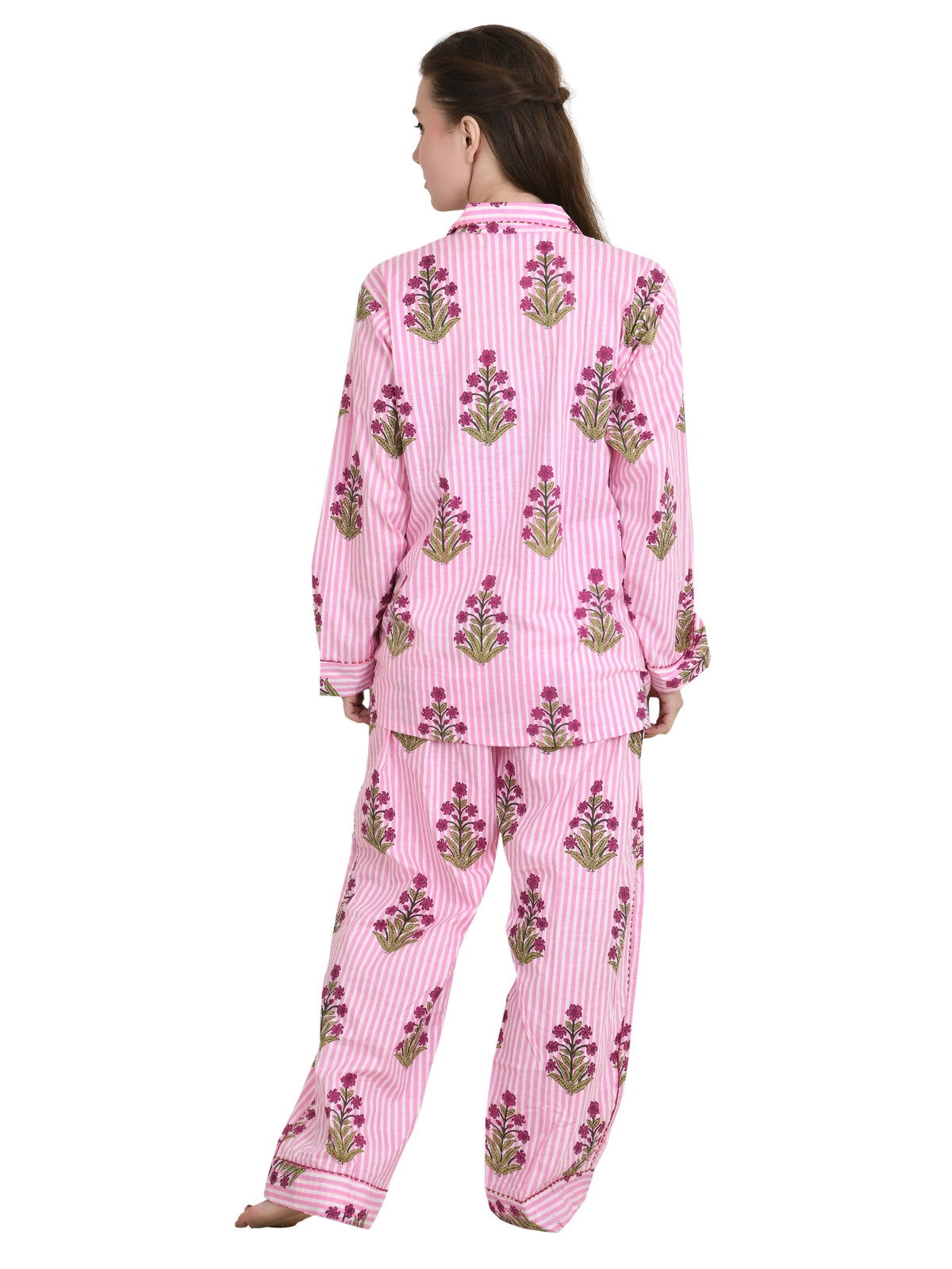 Pure Cotton PJ Set Night Shirt Panama Hand Block Printed Nightwear Spring Lounge Wear | Luxury Summer Lotus Floral Stripes Comfy Sleep Set