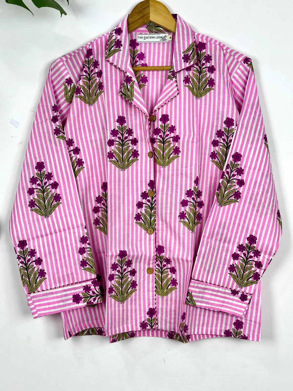 Pure Cotton PJ Set Night Shirt Panama Hand Block Printed Nightwear Spring Lounge Wear | Luxury Summer Lotus Floral Stripes Comfy Sleep Set