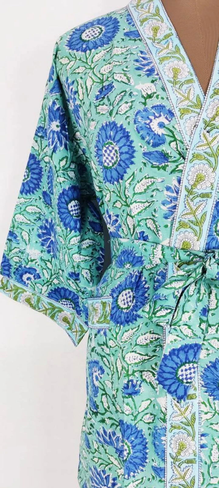 Pure Cotton Spring Summer Boho House Robe Kimono Indian Handblock Jaipur Indian Dress Aqua Green Floral Luxury Beach Holiday Wear Yacht Cover Up