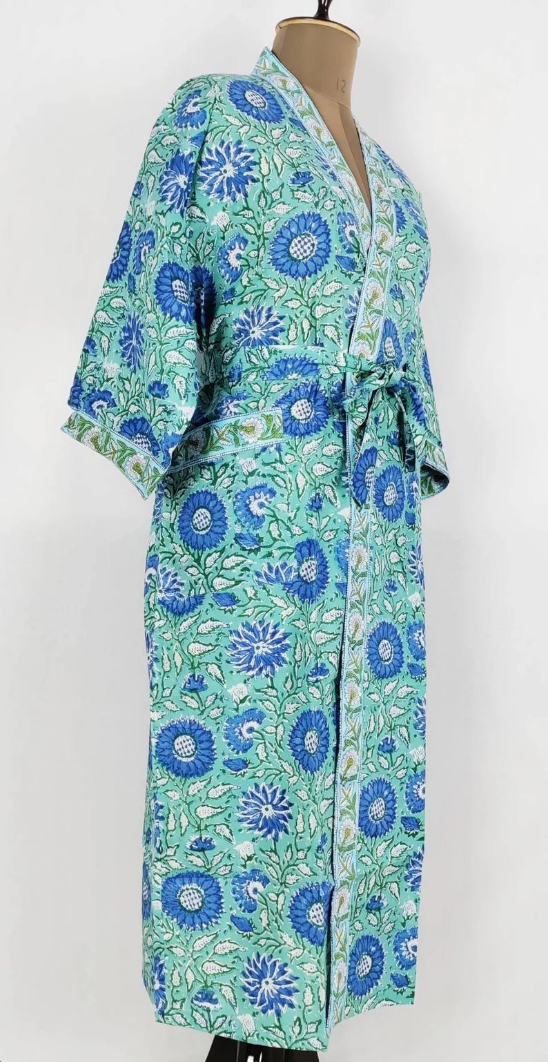 Pure Cotton Spring Summer Boho House Robe Kimono Indian Handblock Jaipur Indian Dress Aqua Green Floral Luxury Beach Holiday Wear Yacht Cover Up