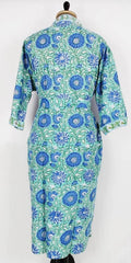 Pure Cotton Spring Summer Boho House Robe Kimono Indian Handblock Jaipur Indian Dress Aqua Green Floral Luxury Beach Holiday Wear Yacht Cover Up