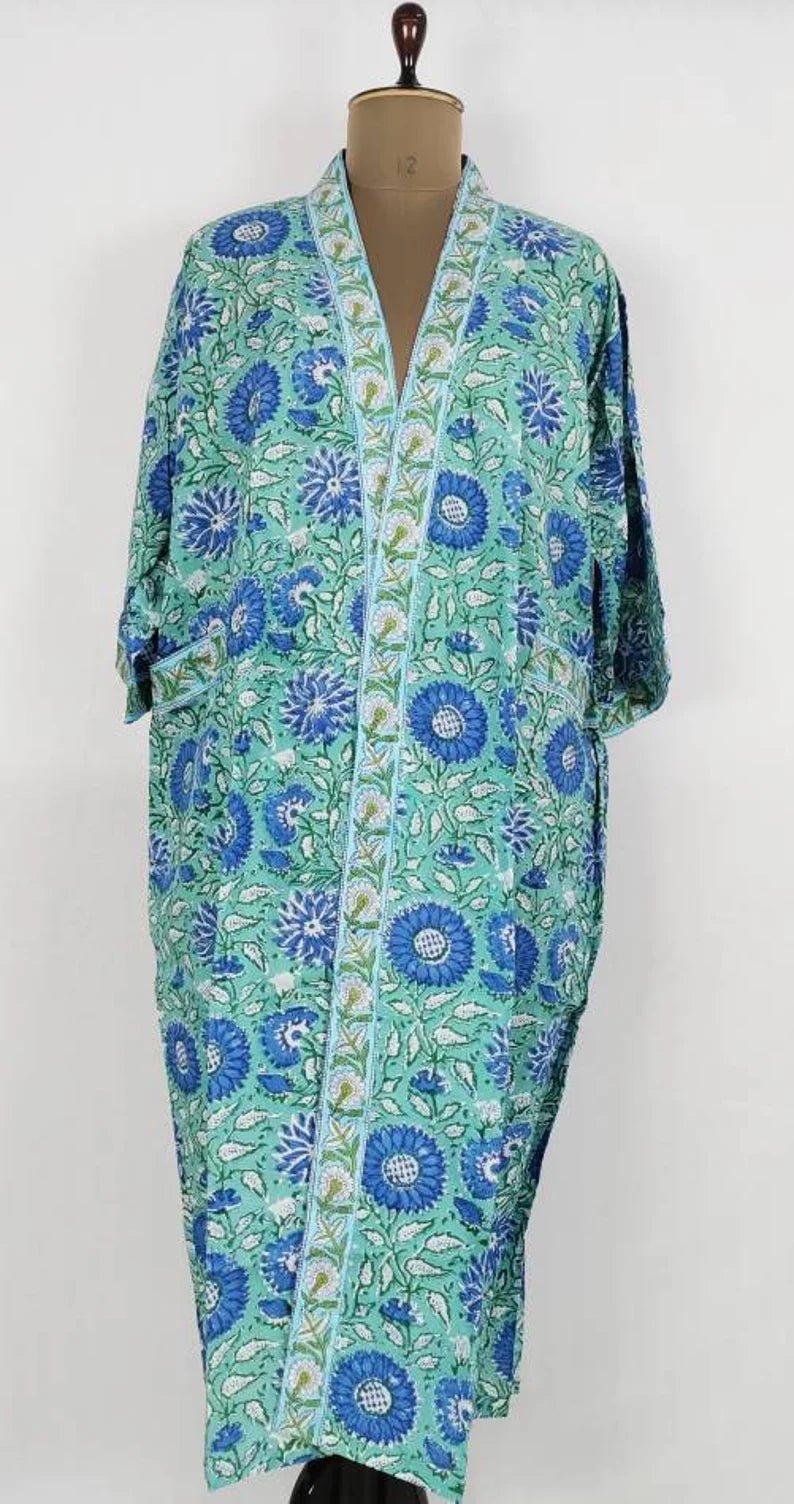 Pure Cotton Spring Summer Boho House Robe Kimono Indian Handblock Jaipur Indian Dress Aqua Green Floral Luxury Beach Holiday Wear Yacht Cover Up