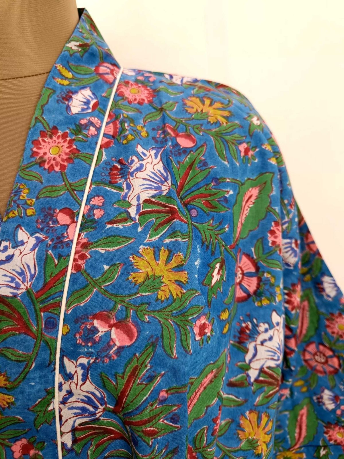 Pure Cotton Spring Summer Boho House Robe Kimono Indian Handblock Jaipur Indian Dress Blue Red floral Luxury Beach Holiday Wear Yacht Cover Up