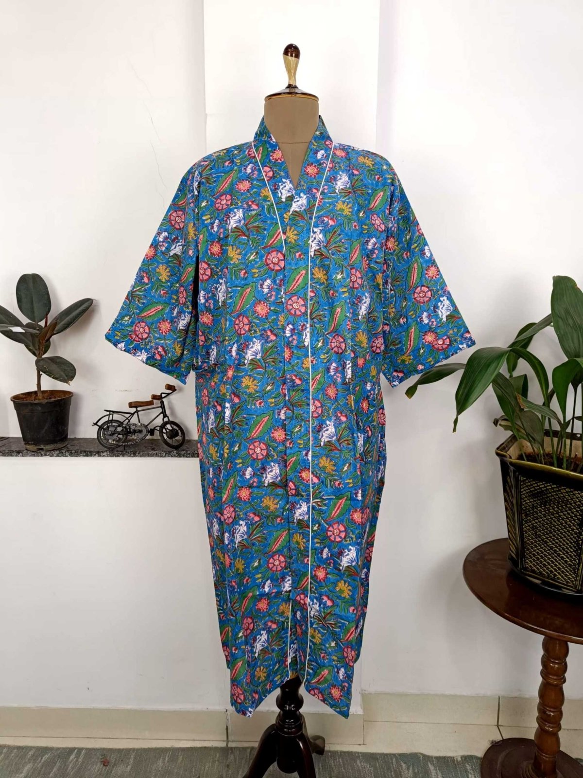 Pure Cotton Spring Summer Boho House Robe Kimono Indian Handblock Jaipur Indian Dress Blue Red floral Luxury Beach Holiday Wear Yacht Cover Up