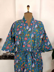 Pure Cotton Spring Summer Boho House Robe Kimono Indian Handblock Jaipur Indian Dress Blue Red floral Luxury Beach Holiday Wear Yacht Cover Up