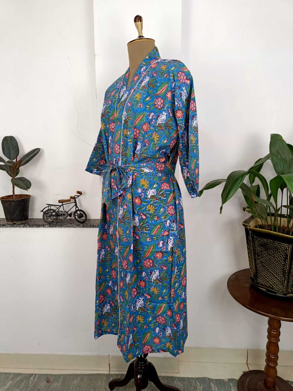 Pure Cotton Spring Summer Boho House Robe Kimono Indian Handblock Jaipur Indian Dress Blue Red floral Luxury Beach Holiday Wear Yacht Cover Up