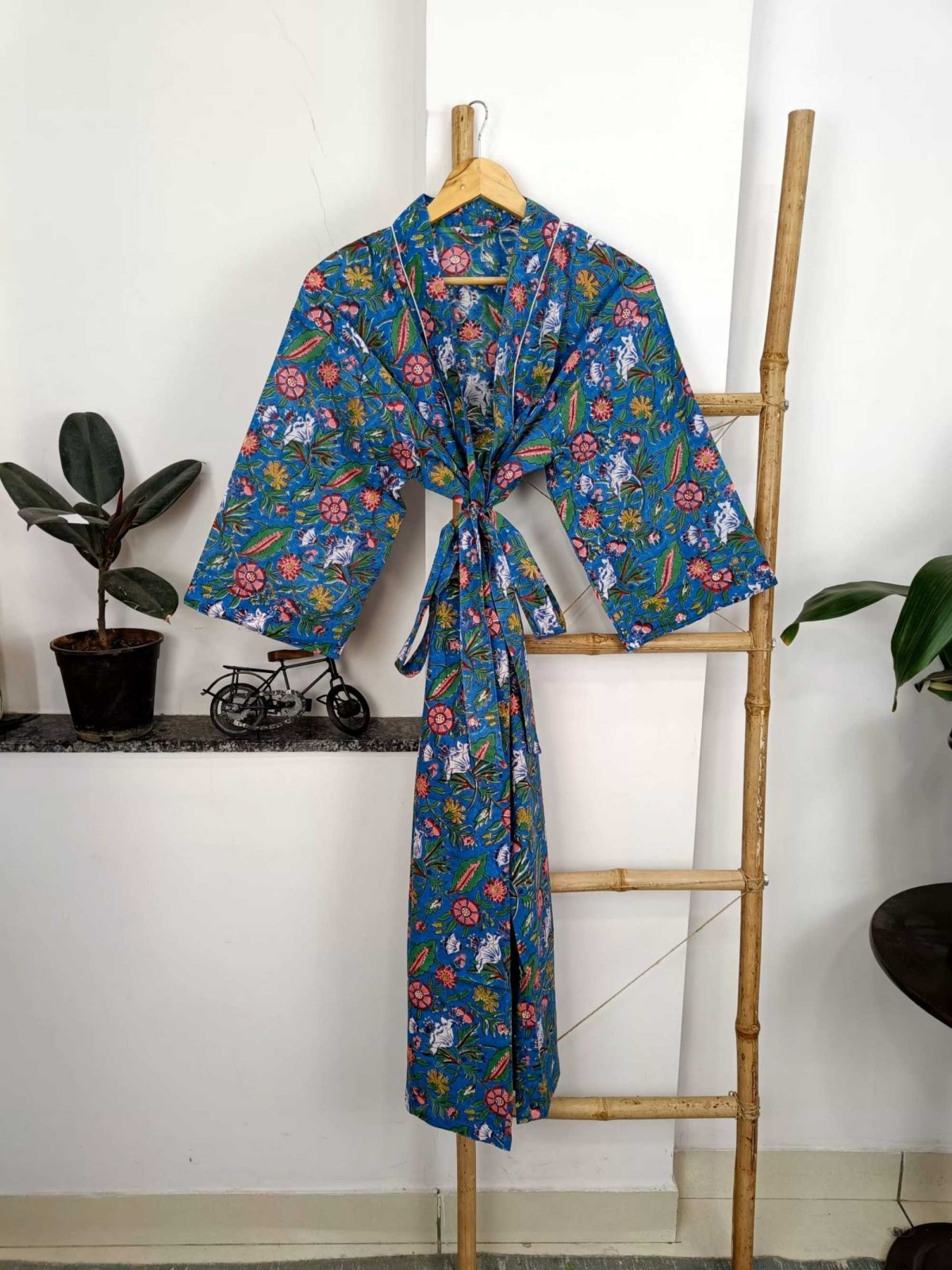 Pure Cotton Spring Summer Boho House Robe Kimono Indian Handblock Jaipur Indian Dress Blue Red floral Luxury Beach Holiday Wear Yacht Cover Up