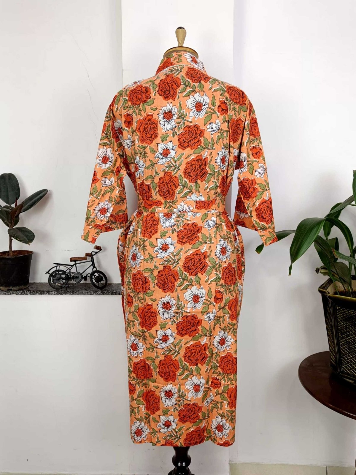 Pure Cotton Spring Summer Boho House Robe Kimono Indian Handblock Jaipur Indian Dress Burnt Orange Rose Luxury Beach Holiday Wear Yacht Cover Up