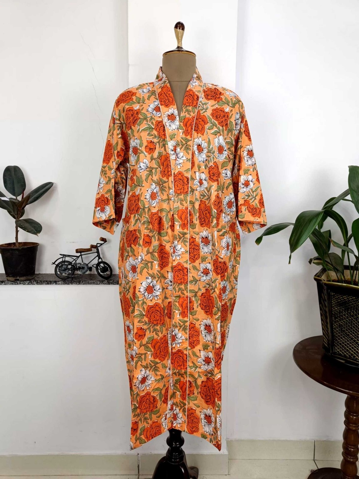 Pure Cotton Spring Summer Boho House Robe Kimono Indian Handblock Jaipur Indian Dress Burnt Orange Rose Luxury Beach Holiday Wear Yacht Cover Up