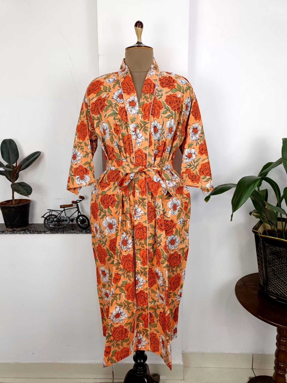 Pure Cotton Spring Summer Boho House Robe Kimono Indian Handblock Jaipur Indian Dress Burnt Orange Rose Luxury Beach Holiday Wear Yacht Cover Up